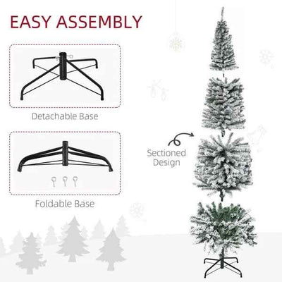7.5ft Flocked Christmas Tree, Pencil Christmas Tree With Realistic Branch Tips, Folding Metal Stand, Green