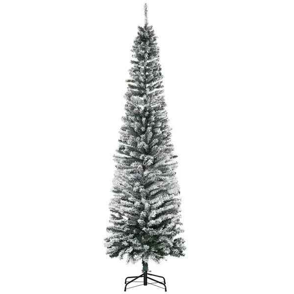 7.5ft Flocked Christmas Tree, Pencil Christmas Tree With Realistic Branch Tips, Folding Metal Stand, Green