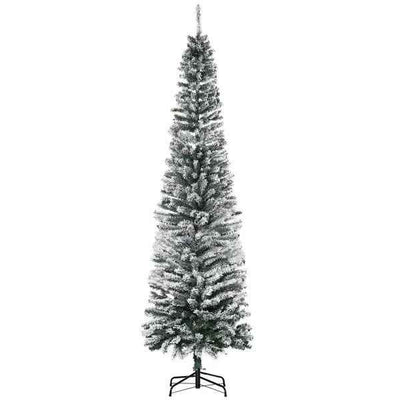 7.5ft Flocked Christmas Tree, Pencil Christmas Tree With Realistic Branch Tips, Folding Metal Stand, Green