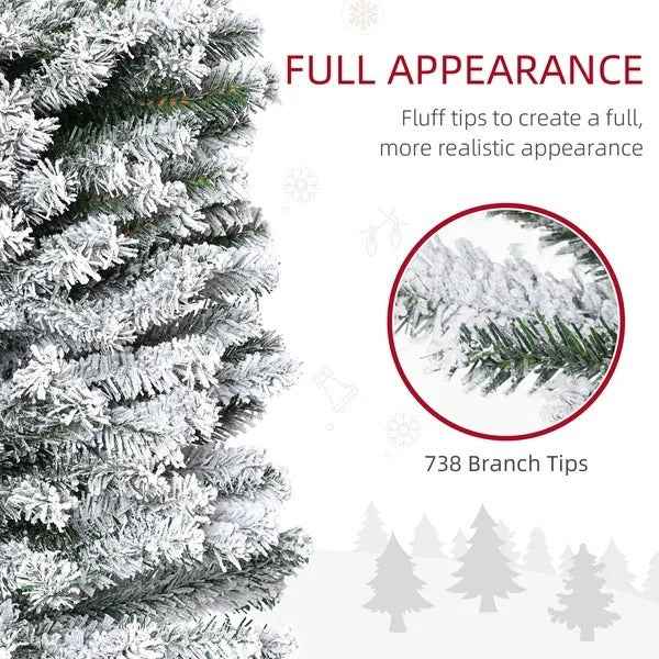 7.5ft Flocked Christmas Tree, Pencil Christmas Tree With Realistic Branch Tips, Folding Metal Stand, Green