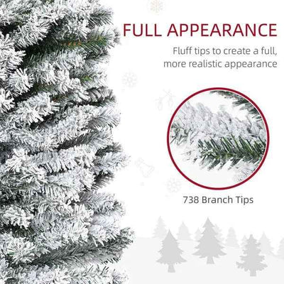 7.5ft Flocked Christmas Tree, Pencil Christmas Tree With Realistic Branch Tips, Folding Metal Stand, Green
