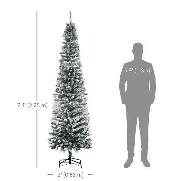 7.5ft Flocked Christmas Tree, Pencil Christmas Tree With Realistic Branch Tips, Folding Metal Stand, Green