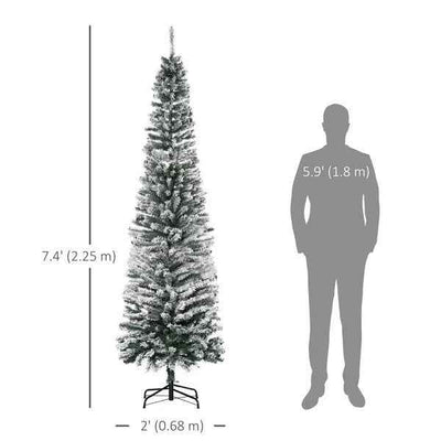 7.5ft Flocked Christmas Tree, Pencil Christmas Tree With Realistic Branch Tips, Folding Metal Stand, Green
