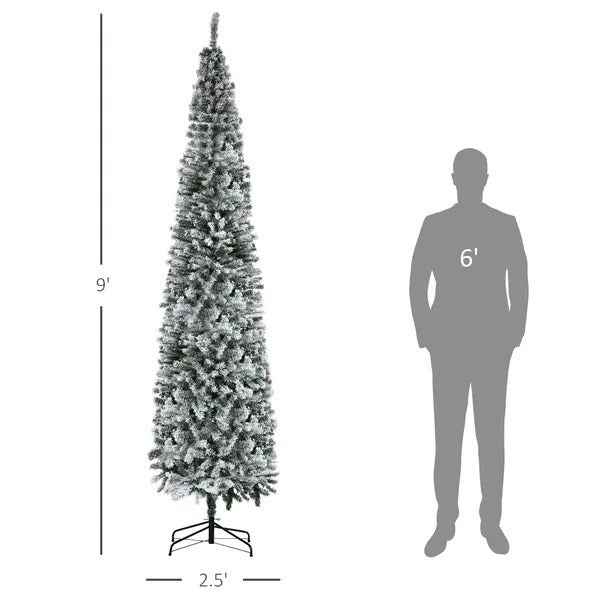 9ft Flocked Christmas Tree, Pencil Christmas Tree With Realistic Branch Tips, Folding Metal Stand, Green