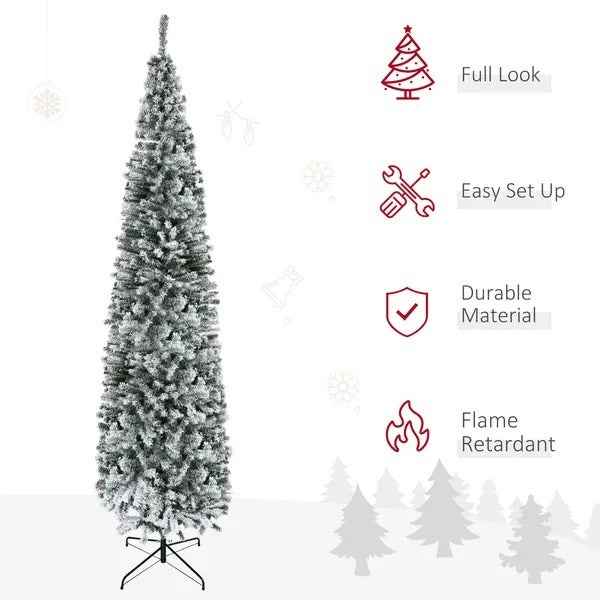 9ft Flocked Christmas Tree, Pencil Christmas Tree With Realistic Branch Tips, Folding Metal Stand, Green