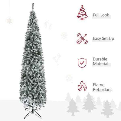 9ft Flocked Christmas Tree, Pencil Christmas Tree With Realistic Branch Tips, Folding Metal Stand, Green