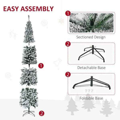 9ft Flocked Christmas Tree, Pencil Christmas Tree With Realistic Branch Tips, Folding Metal Stand, Green