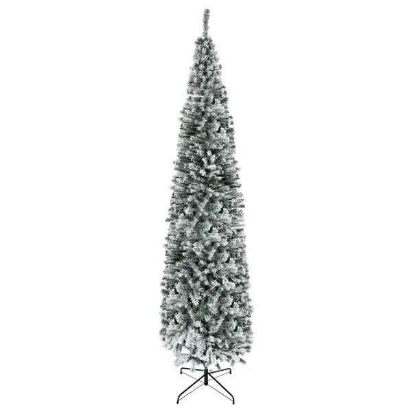 9ft Flocked Christmas Tree, Pencil Christmas Tree With Realistic Branch Tips, Folding Metal Stand, Green