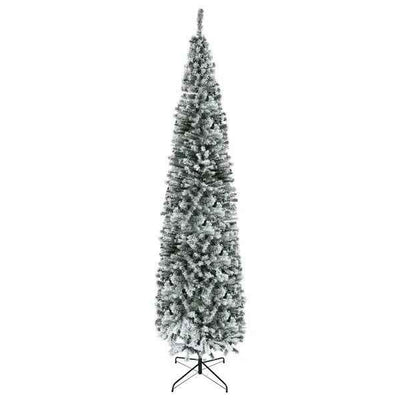 9ft Flocked Christmas Tree, Pencil Christmas Tree With Realistic Branch Tips, Folding Metal Stand, Green