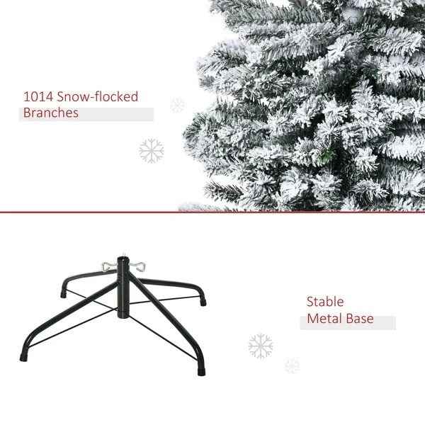 9ft Flocked Christmas Tree, Pencil Christmas Tree With Realistic Branch Tips, Folding Metal Stand, Green