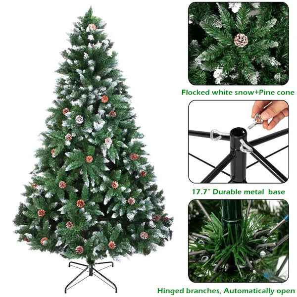 Christmas Tree 6FT 920 Branches Flocking Spray White Tree Plus Pine Cone