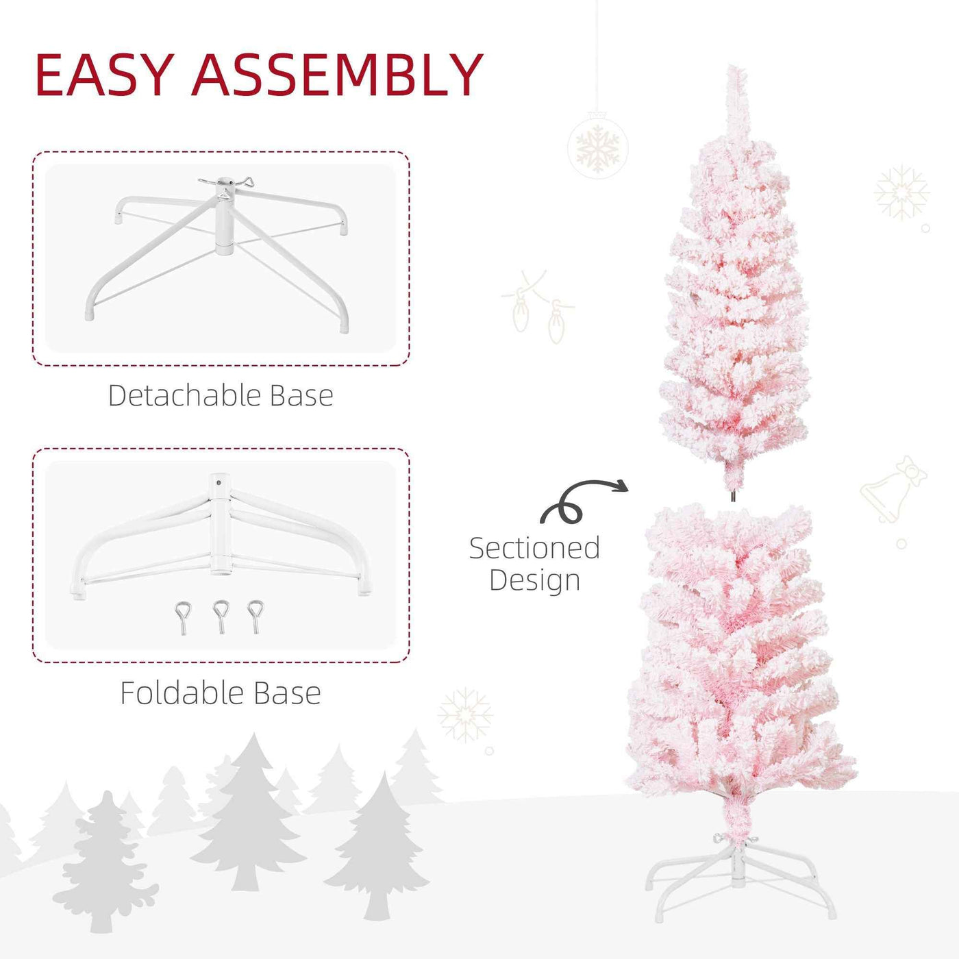 5ft Flocked Christmas Tree, Pencil Christmas Tree With Realistic Branch Tips, Folding Metal Stand