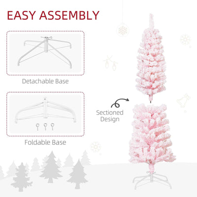 5ft Flocked Christmas Tree, Pencil Christmas Tree With Realistic Branch Tips, Folding Metal Stand