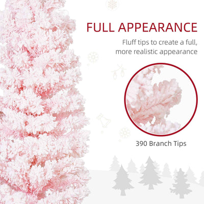 5ft Flocked Christmas Tree, Pencil Christmas Tree With Realistic Branch Tips, Folding Metal Stand