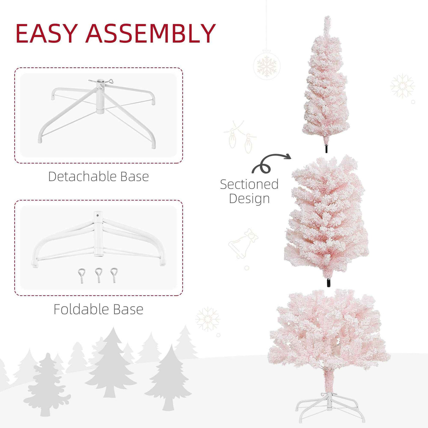 6ft Flocked Christmas Tree, Pencil Christmas Tree With Realistic Branch Tips, Folding Metal Stand