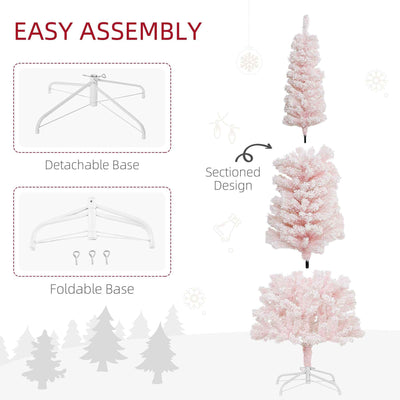 6ft Flocked Christmas Tree, Pencil Christmas Tree With Realistic Branch Tips, Folding Metal Stand