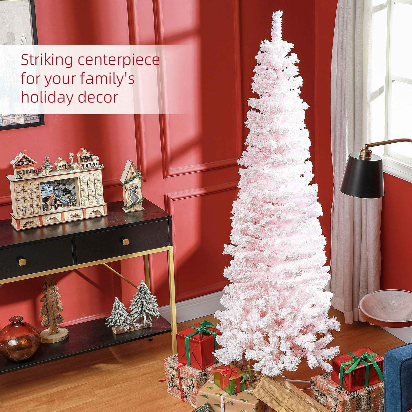 6ft Flocked Christmas Tree, Pencil Christmas Tree With Realistic Branch Tips, Folding Metal Stand