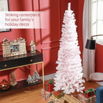 6ft Flocked Christmas Tree, Pencil Christmas Tree With Realistic Branch Tips, Folding Metal Stand