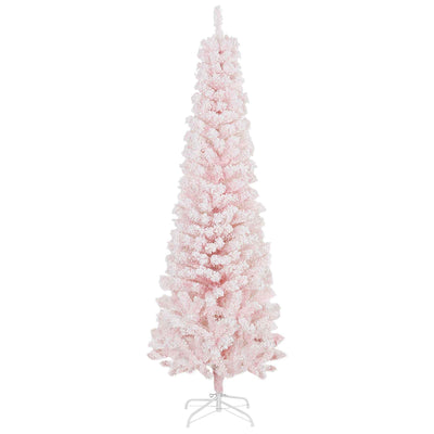 6ft Flocked Christmas Tree, Pencil Christmas Tree With Realistic Branch Tips, Folding Metal Stand